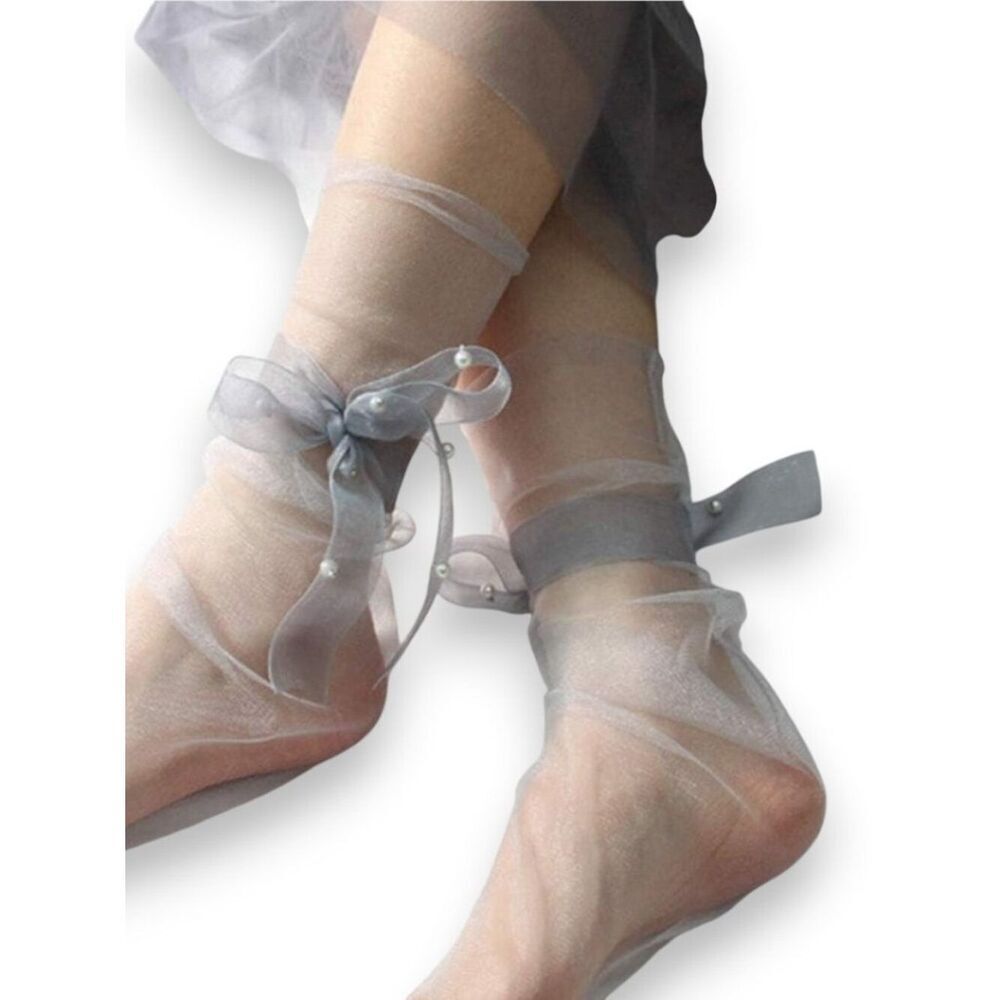 Gray Mesh Pearl Wrap Anklet Socks NWT